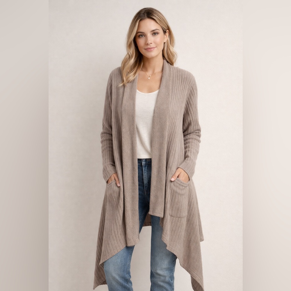 Barefoot Dreams CozyChic Ribbed Waterfall Cardigan M Taupe Open Front Oversized